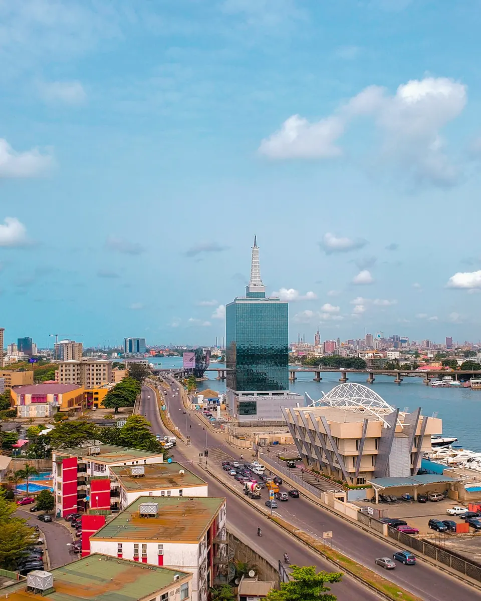 A road and the lagoon in Lagos, Nigeria, seen from above